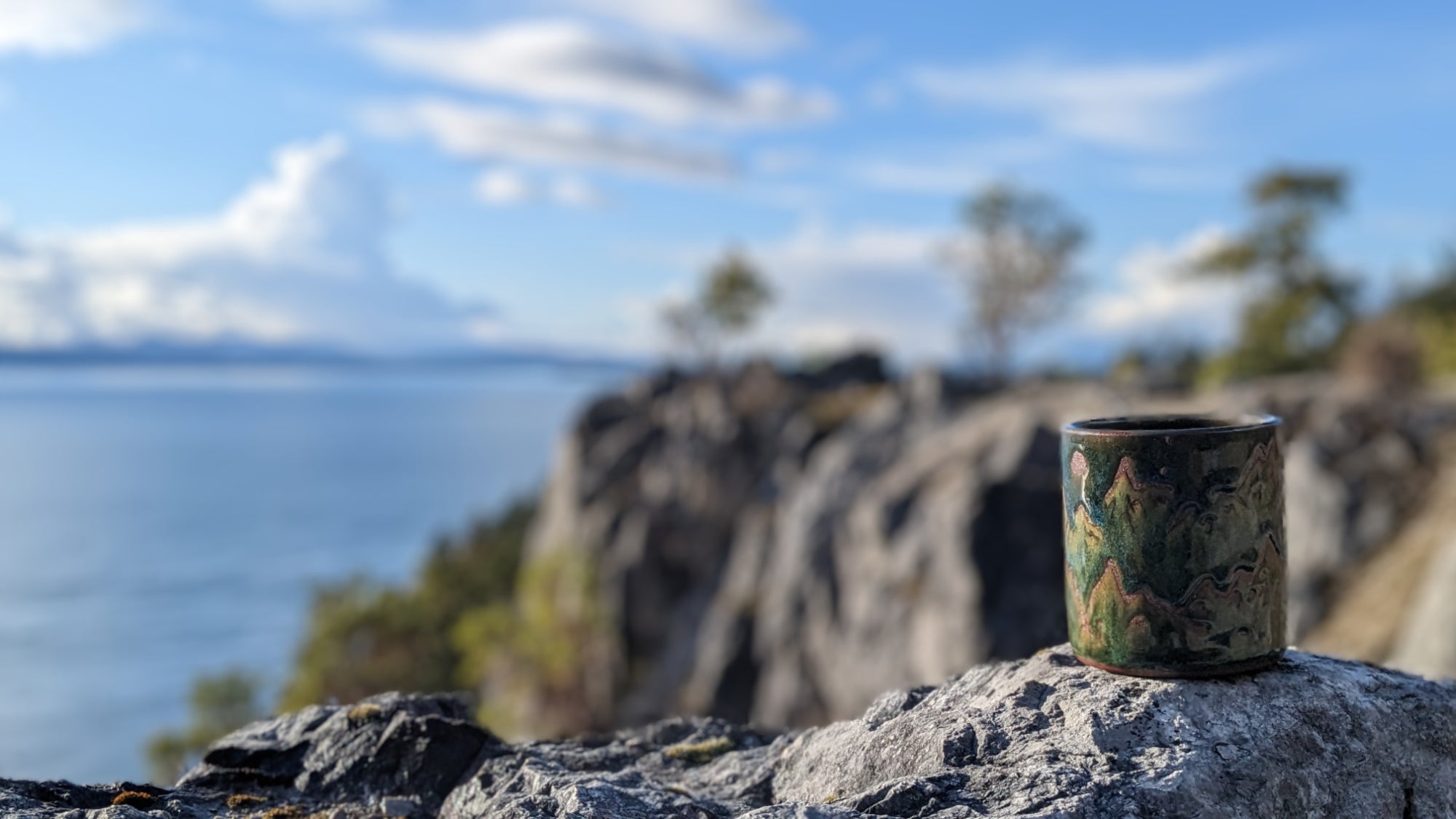 Handmade Pottery (a cup with hand painted mountains)by Living Large Small on San Juan Island, WA