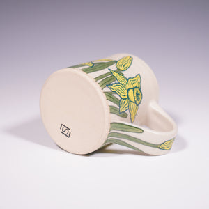 Wheel Thrown Ceramic Mug with Hand-Painted daffodil design. (Bottom View)