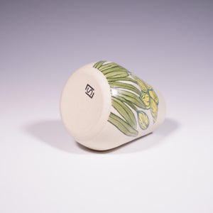 Wheel Thrown Ceramic Jar with Hand-Painted daffodil design. (Bottom View)