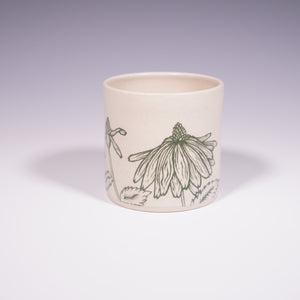 Wheel Thrown Ceramic Tumbler with Hand-painted echinacea design. (Back View)