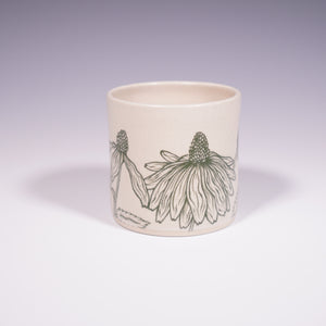 Wheel Thrown Ceramic Tumbler with Hand-painted echinacea design. (Front View)
