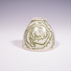 Wheel Thrown Ceramic Vase with Hand-Painted Green Peony Design. (Front View)