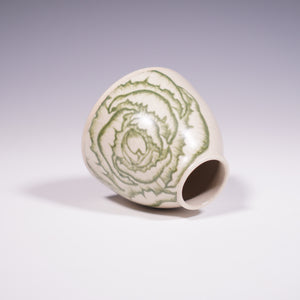 Wheel Thrown Ceramic Mini Vase with Hand-Painted Green Peony Design. (Top View)