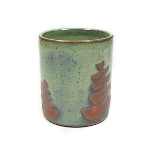 Wheelthrown red stoneware tumbler with a fern motif & green glaze 