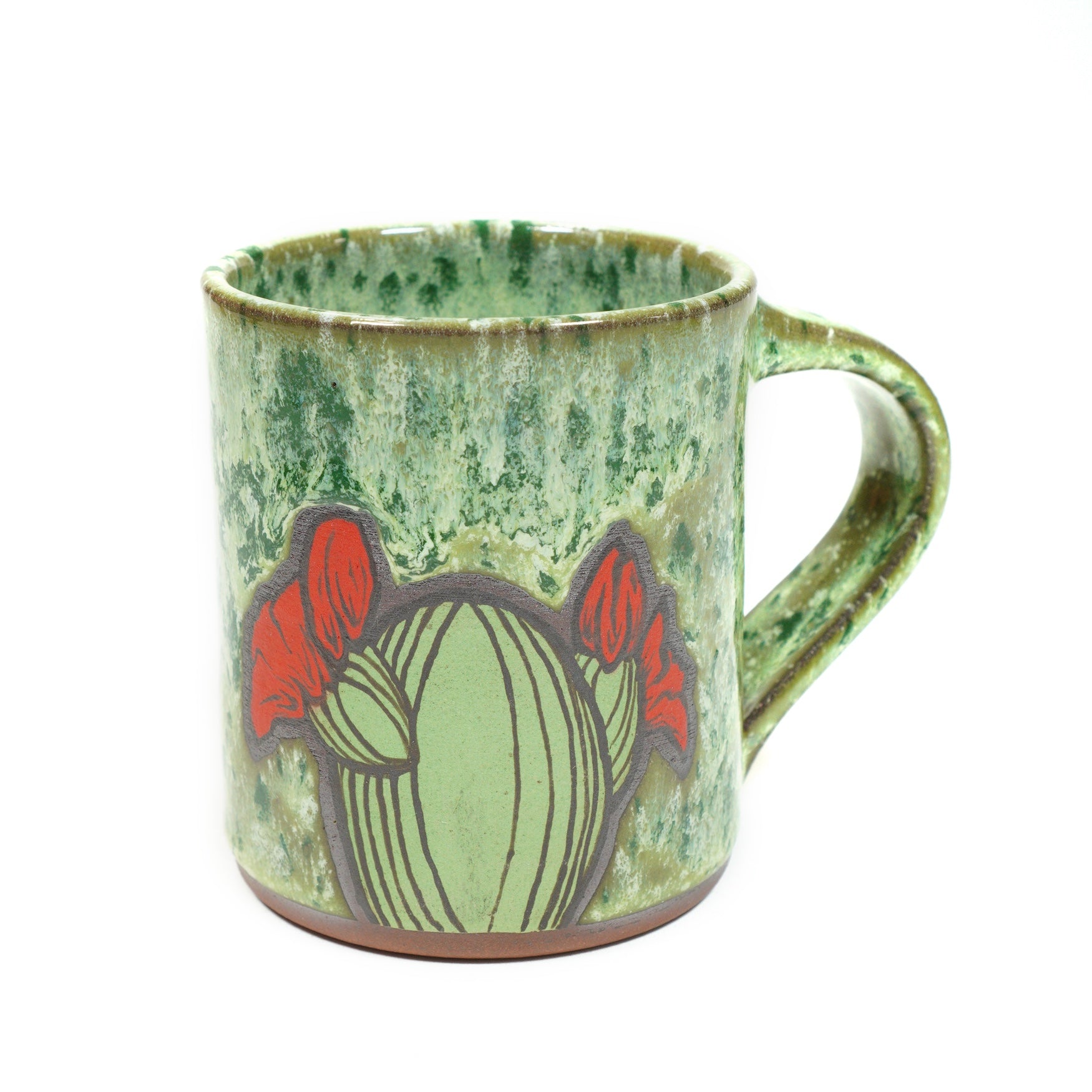 Wheelthrown red stoneware mug with a hand-painted cactus motif & speckled green glaze 