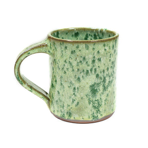 Wheelthrown red stoneware mug with a hand-painted cactus motif & speckled green glaze 