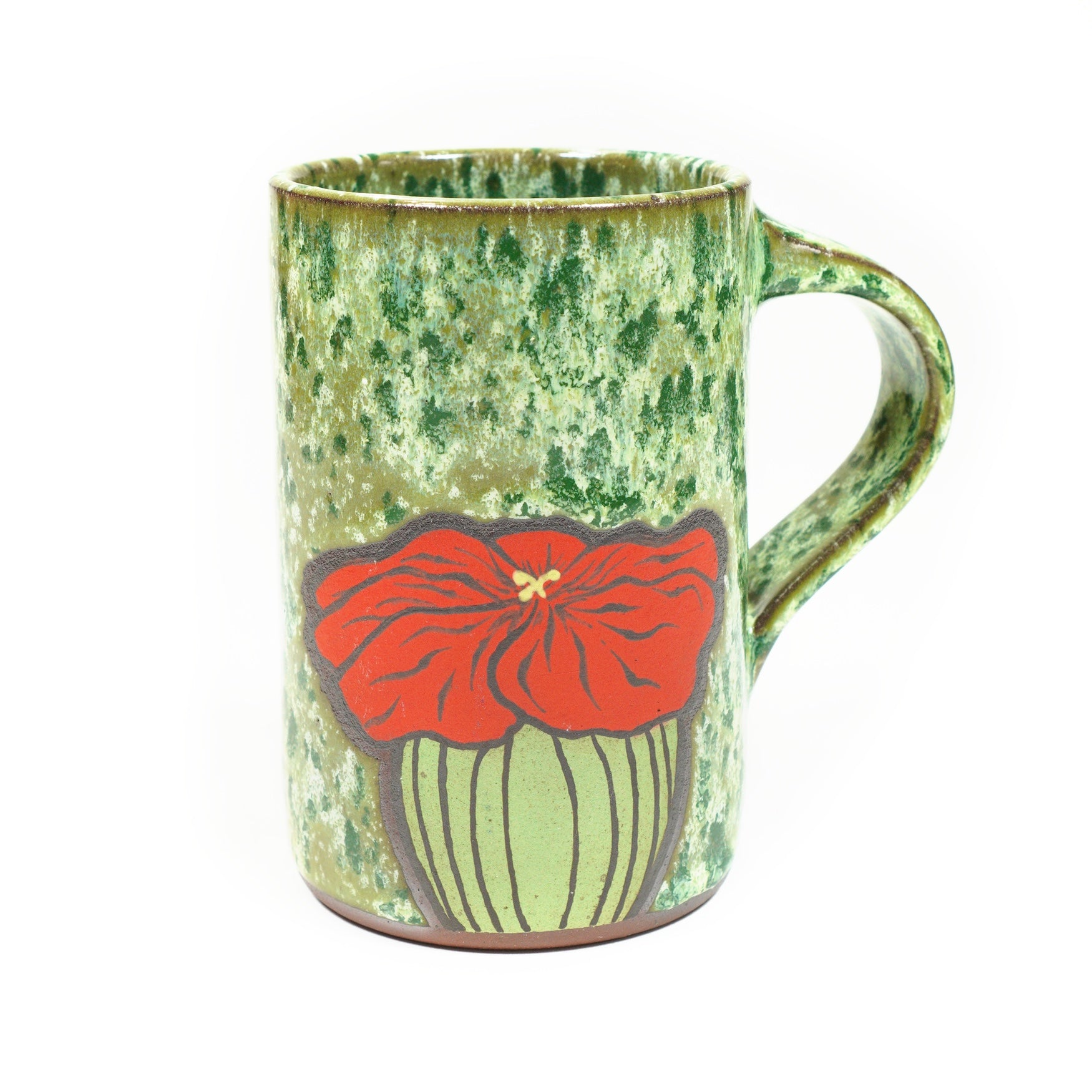 Wheelthrown red stoneware mug with a hand-painted cactus motif & speckled green glaze 