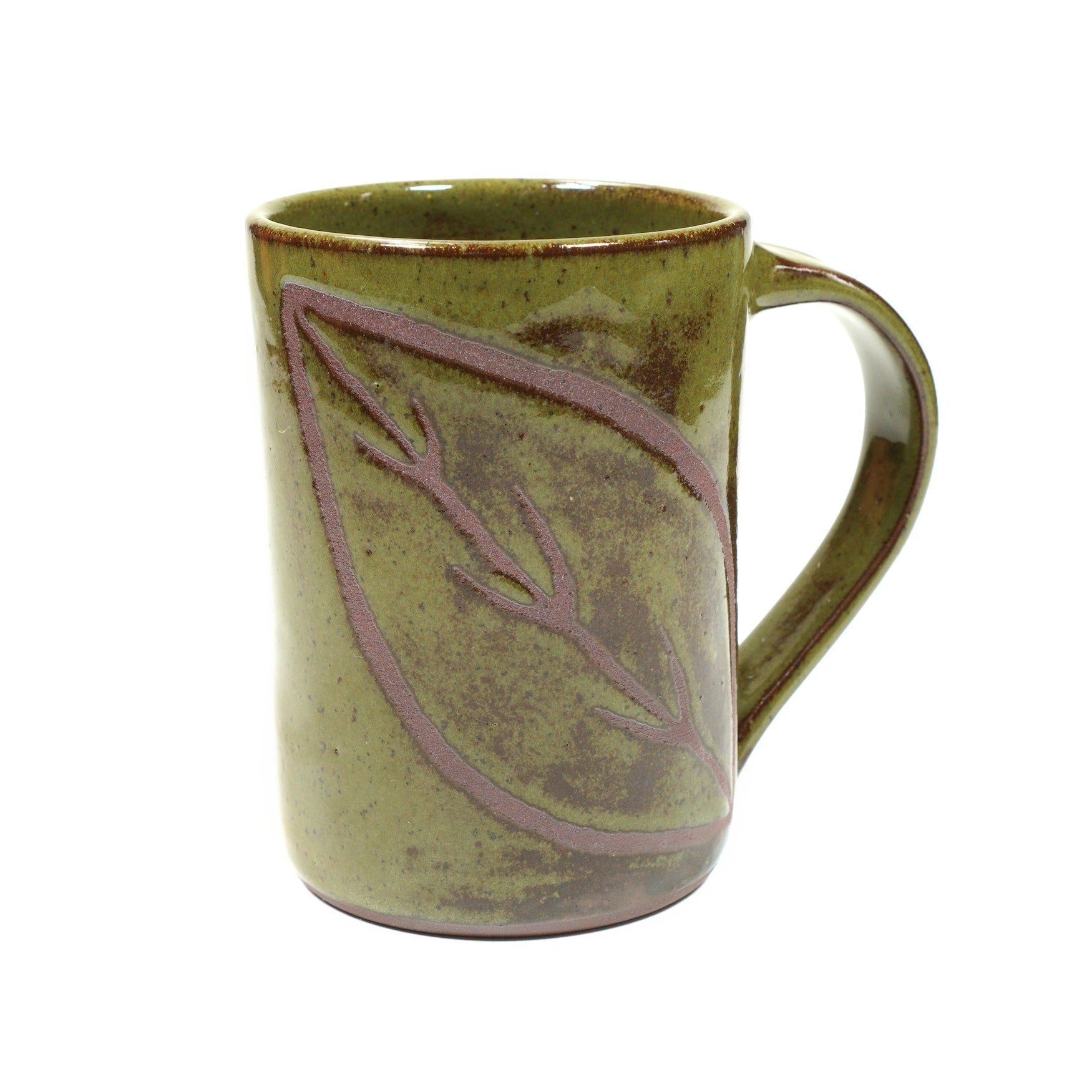 Wheelthrown red stoneware mug with a hand-painted leaf motif & speckled green glaze 