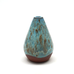 Mini ceramic vase with red clay & light blue & brown speckled glaze. Made by Living Large Small on San Juan Island, WA
