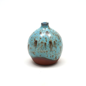 Mini ceramic vase with red clay & light blue & brown speckled glaze. Made by Living Large Small on San Juan Island, WA