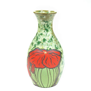Wheelthrown red Stoneware Bud vase with handpainted cactus motif & speckled green glaze
