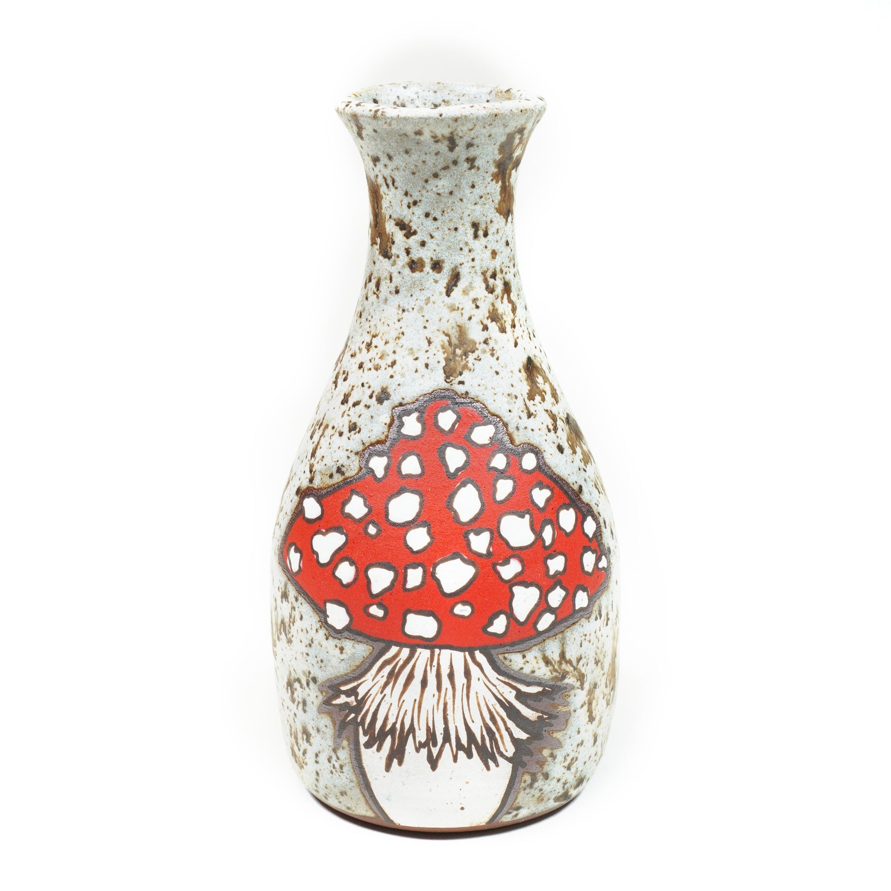 Wheelthrown red Stoneware Bud vase with hand-painted mushroom motif & speckled white glaze