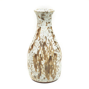 Wheelthrown red Stoneware Bud vase with hand-painted mushroom motif & speckled white glaze