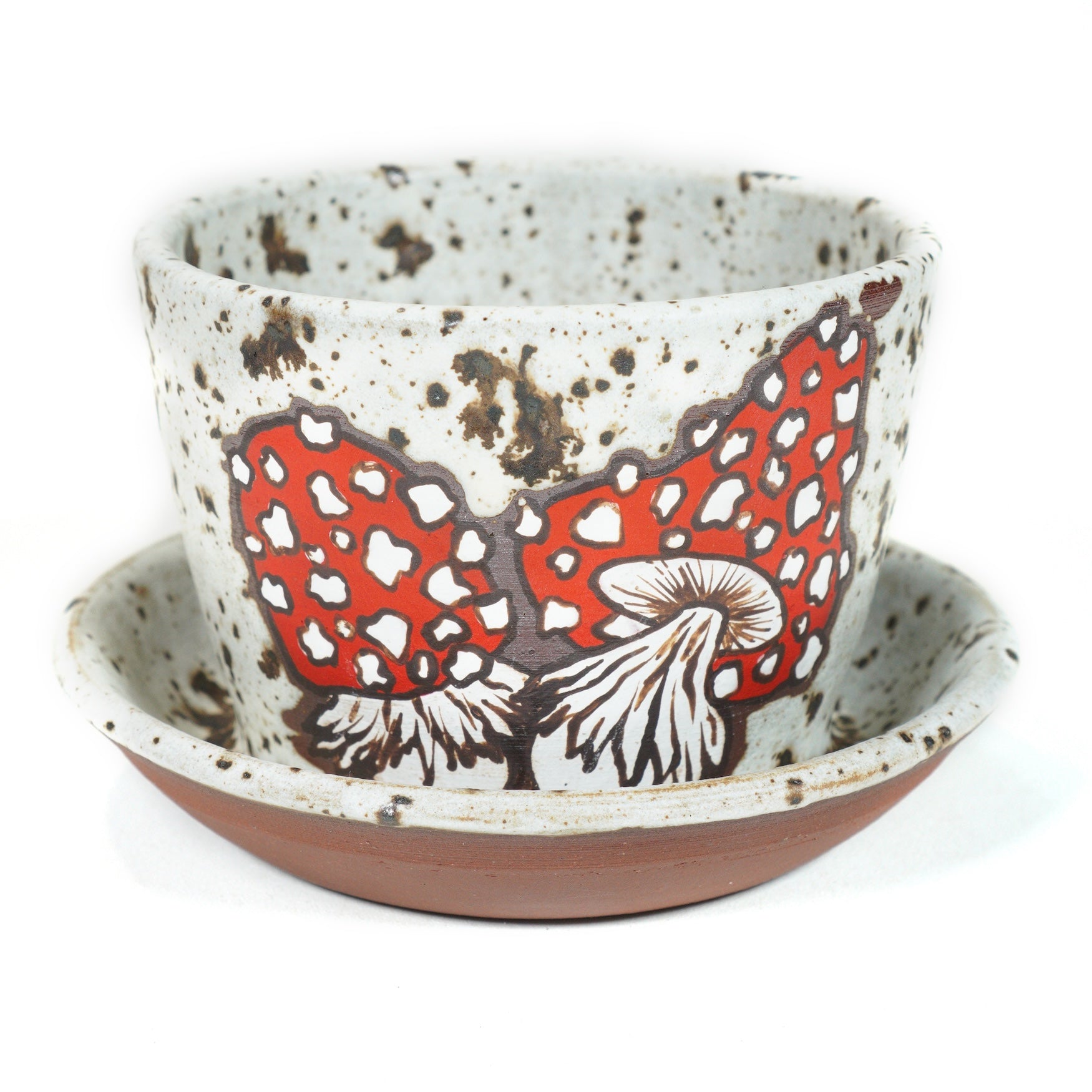wheelthrown red stoneware planter with hand painted mushroom motif & speckled white glaze
