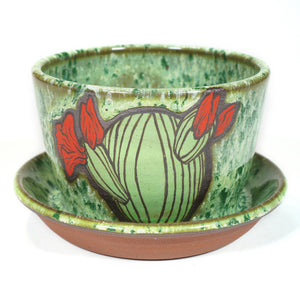 wheelthrown red stoneware planter with hand painted cactus motif & speckled green glaze