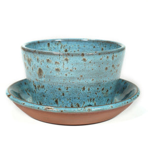 wheelthrown red stoneware planter with hand painted sunflower motif & speckled blue glaze