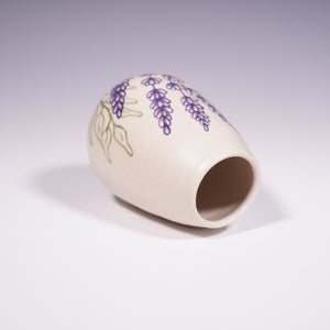 Wheel Thrown Ceramic Corked Jar with Hand-Painted Lavender Design. (Top View)