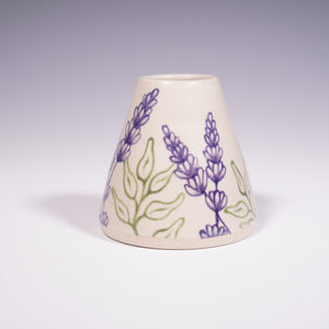 Wheel Thrown Ceramic Mini Vase with Hand-Painted Lavender Design. (Back View)
