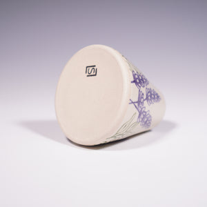 Wheel Thrown Ceramic Mini Vase with Hand-Painted Lavender Design. (Bottom View)