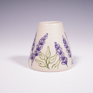 Wheel Thrown Ceramic Mini Vase with Hand-Painted Lavender Design. (Front View)