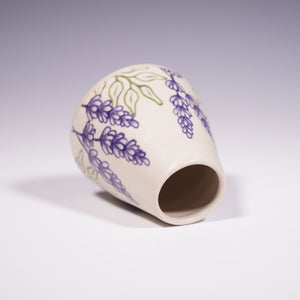 Wheel Thrown Ceramic Mini Vase with Hand-Painted Lavender Design. (Top View)
