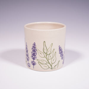 Wheel Thrown Ceramic Tumbler with Hand-Painted Lavender Design. (Front View)