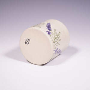 Wheel Thrown Ceramic Tumbler with Hand-Painted Lavender Design. (Bottom View)