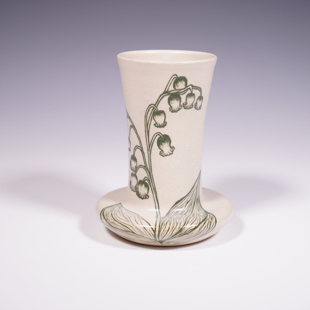 Wheel-thrown Ceramic Vase with hand-painted Lily of the Valley Design (Front View)
