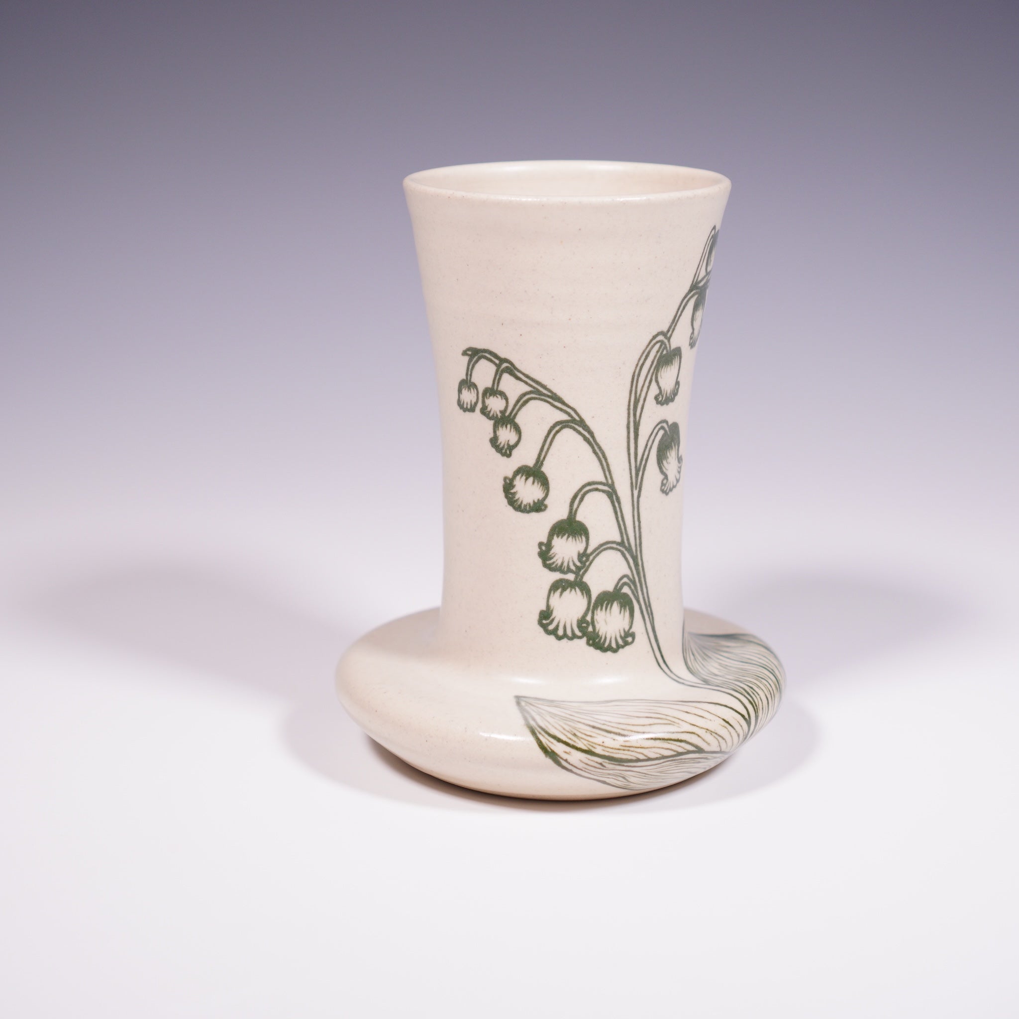 Wheel-thrown Ceramic Vase with hand-painted Lily of the Valley Design (Side 
View)