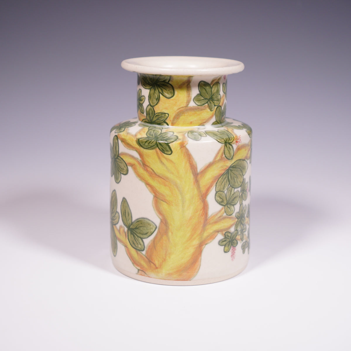 Wheel Thrown ceramic vase with hand-painted madrone tree design (Front View)