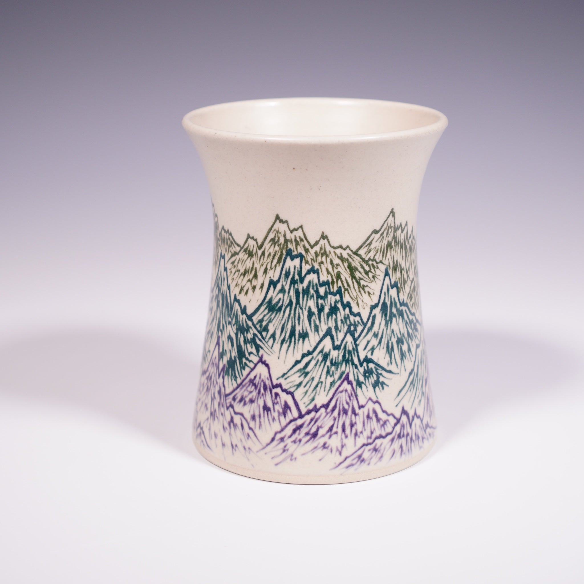 Wheel Thrown Ceramic vase with hand-painted mountain landscape design (Front View)
