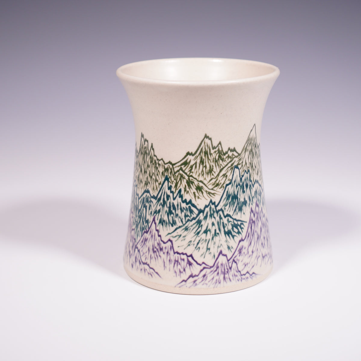 Wheel Thrown Ceramic vase with hand-painted mountain landscape design (Side View)