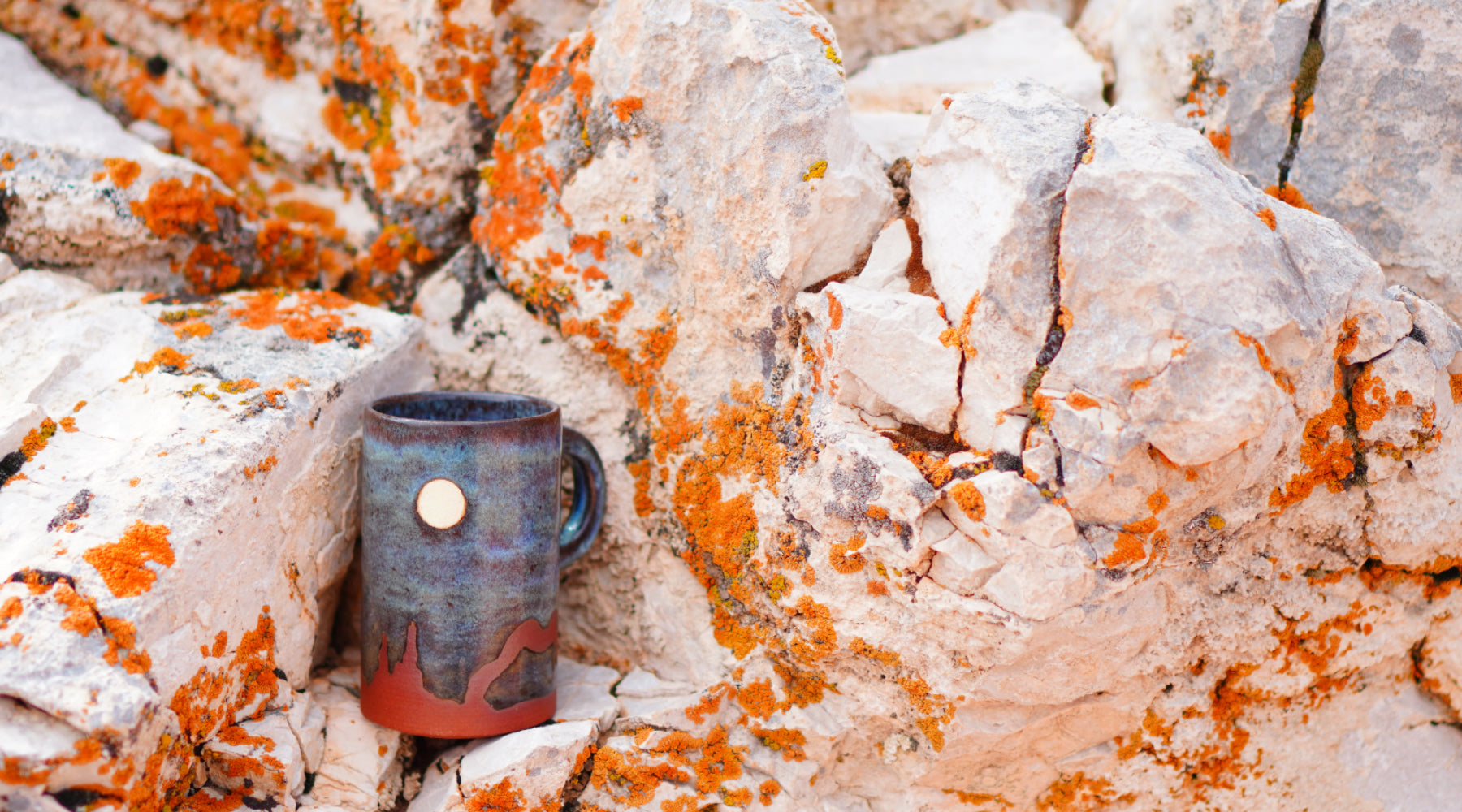 Handmade Stoneware Ceramic Mug with Jug handle & moonrise Canyon design 