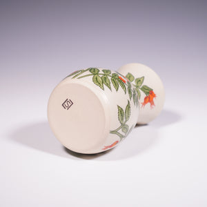 Wheel thrown ceramic vase with hand-painted rose hip underglaze design. (Bottom View)