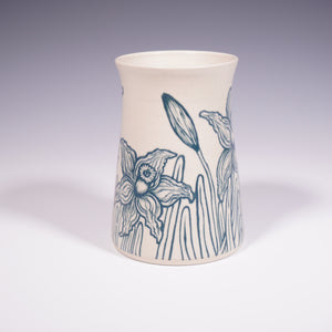 Wheel thrown ceramic vase with hand-painted daffodil underglaze design. (Side View 1)