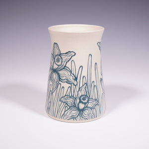 Wheel thrown ceramic vase with hand-painted daffodil underglaze design. (Side View 2)