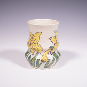 Ceramic wheel thrown vase with hand-painted yellow daffodil design (Front View)
