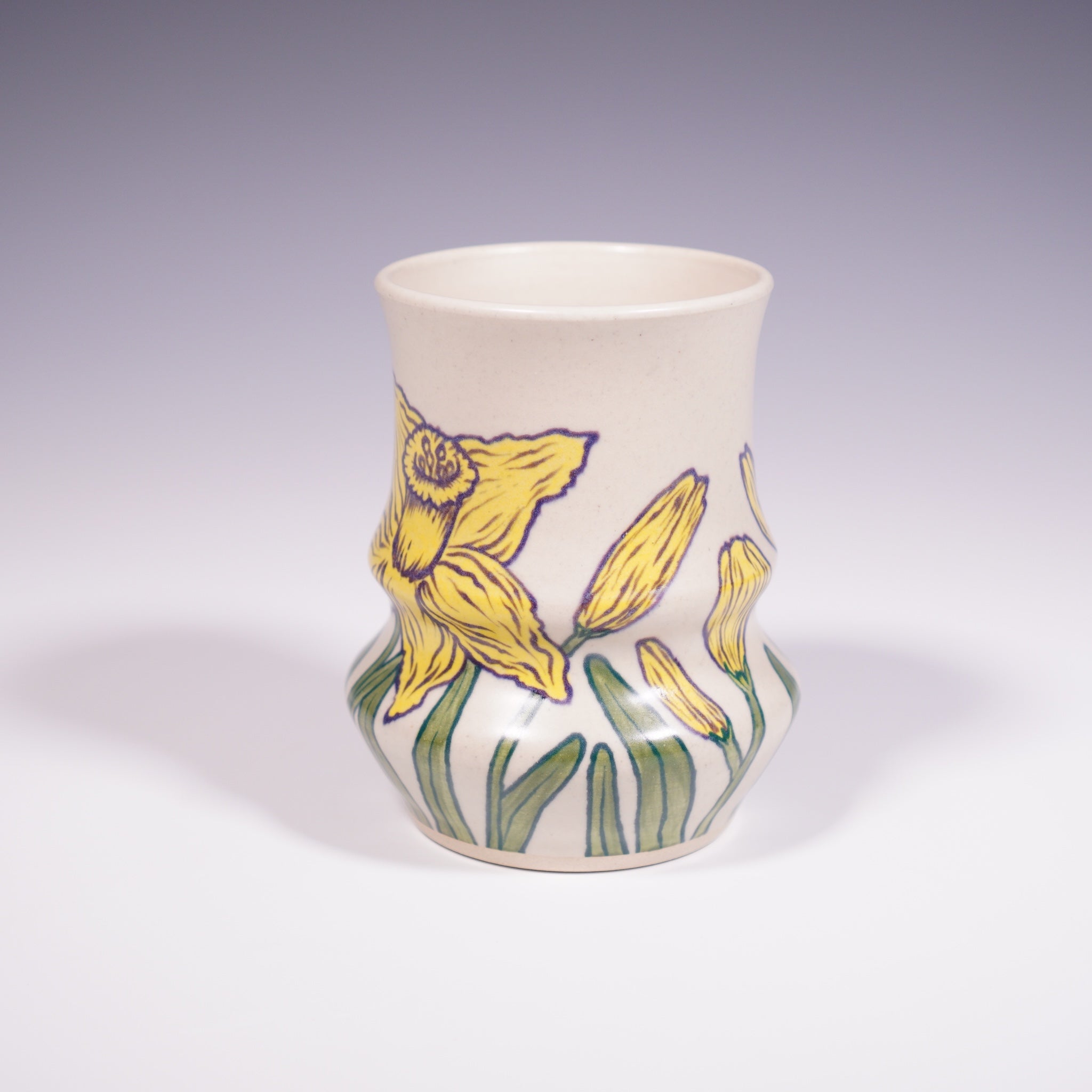 Ceramic wheel thrown vase with hand-painted yellow daffodil design (Side View)