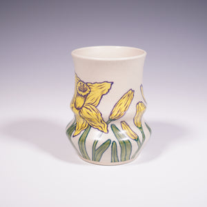 Ceramic wheel thrown vase with hand-painted yellow daffodil design (Side View)