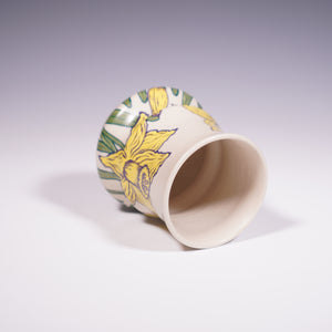 Ceramic wheel thrown vase with hand-painted yellow daffodil design (Top View)