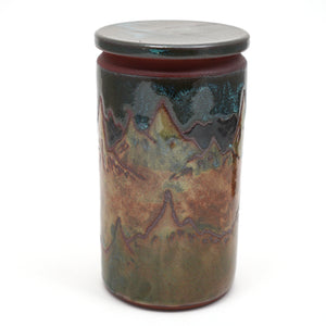 Handmade Ceramic Lidded Jar - hand painted mountains motif with earth tone glazes
