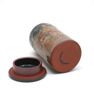 Handmade Ceramic Lidded Jar - hand painted mountains motif with earth tone glazes