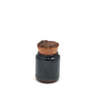 Handmade Ceramic 4oz Corked Jar - drippy dark blue glaze