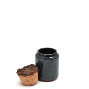 Handmade Ceramic 4oz Corked Jar - drippy dark blue glaze