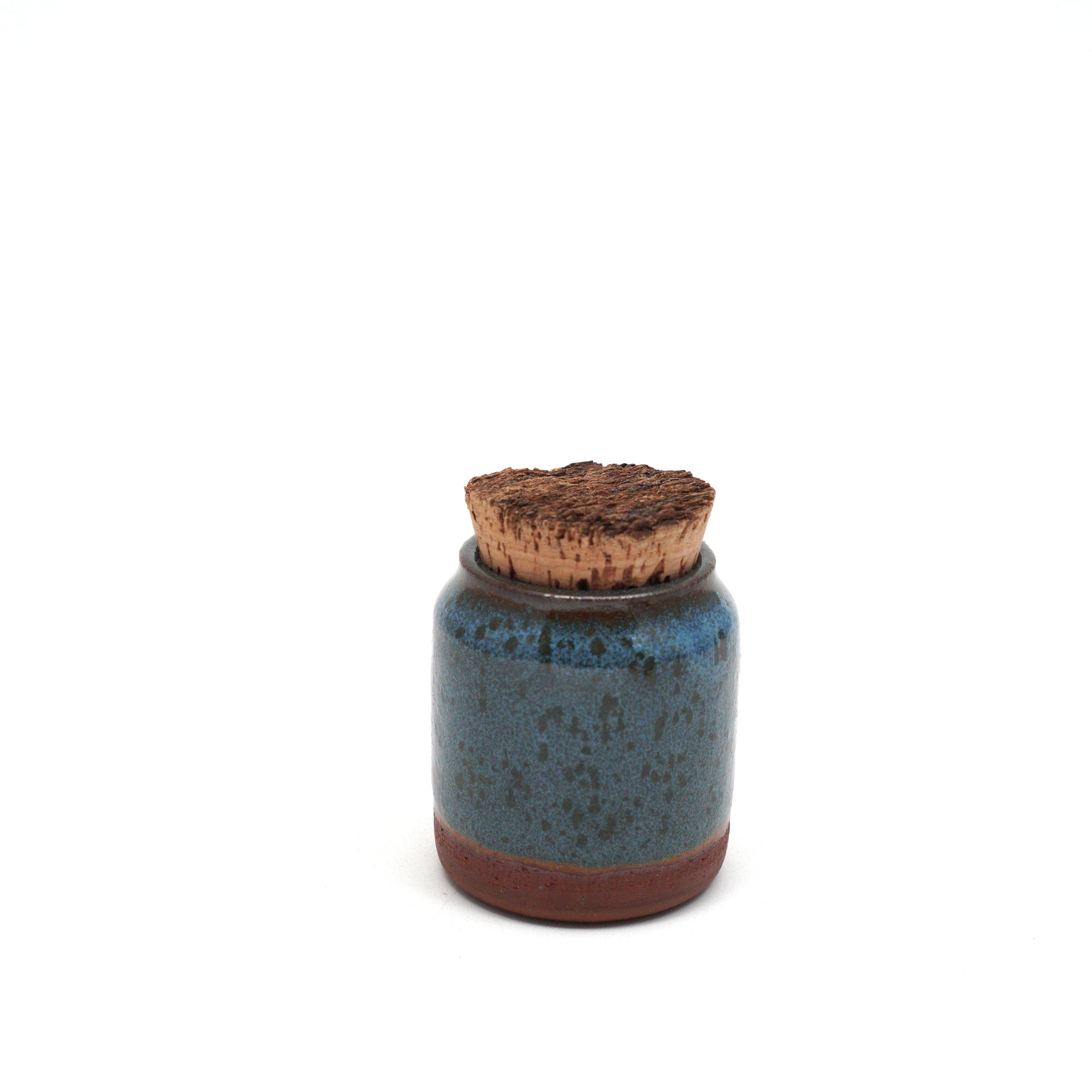 Handmade Ceramic 4oz Corked Jar with a speckled light blue glaze