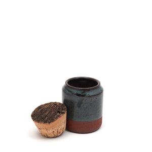 Handmade Ceramic 4oz Corked Jar with a speckled dark blue glaze