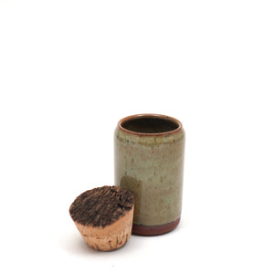 Handmade Ceramic 6oz Corked Jar with speckled light tan glaze