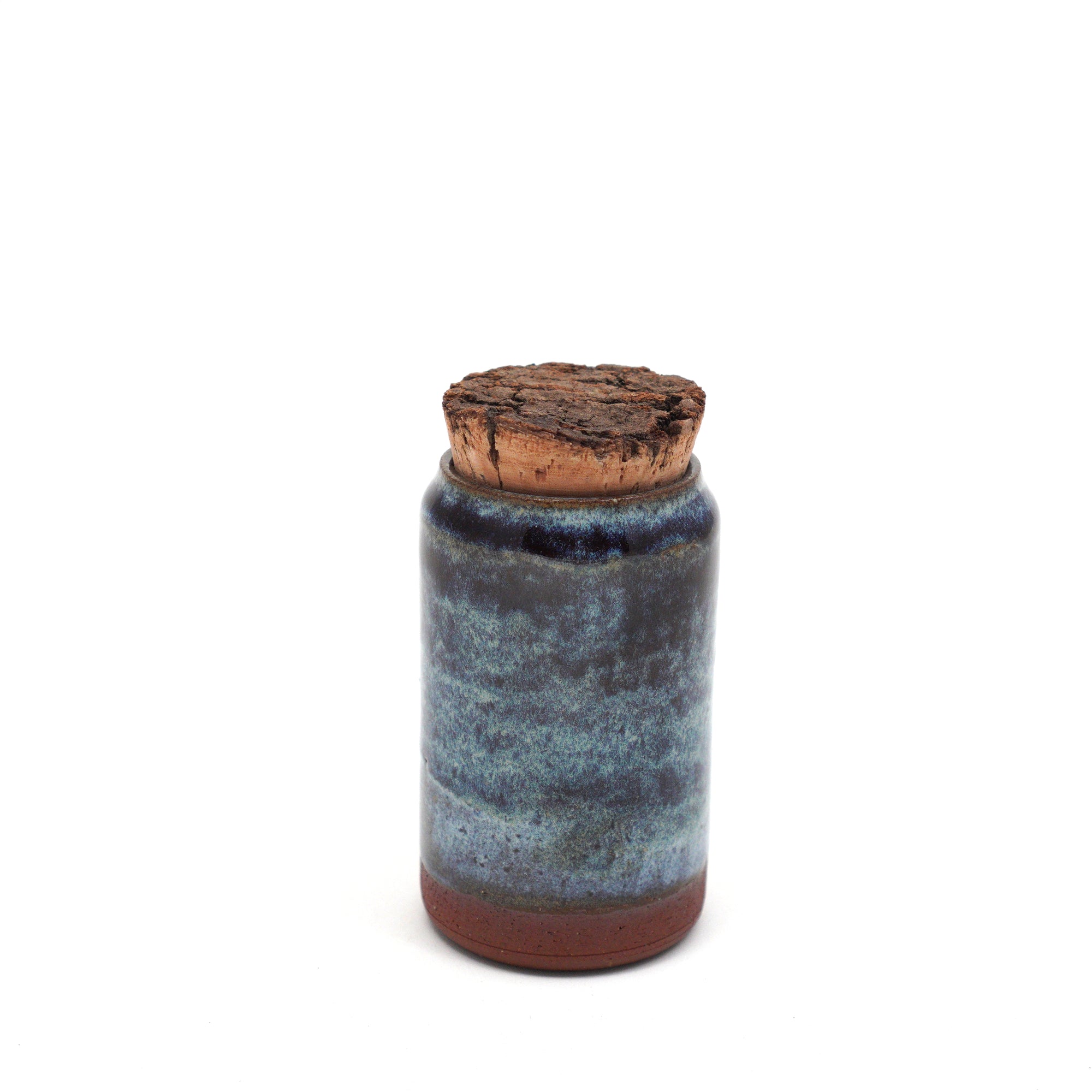 Handmade Ceramic 6oz Corked Jar with light blue & dark purple glaze