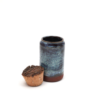 Handmade Ceramic 6oz Corked Jar with light blue & dark purple glaze