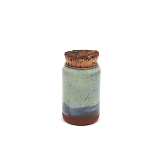 Handmade Ceramic 6oz Corked Jar with speckled light yellow & blue glaze